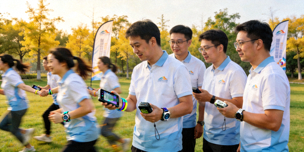 企业员工在户外使用智能运动设备进行团队协作挑战的团建场景