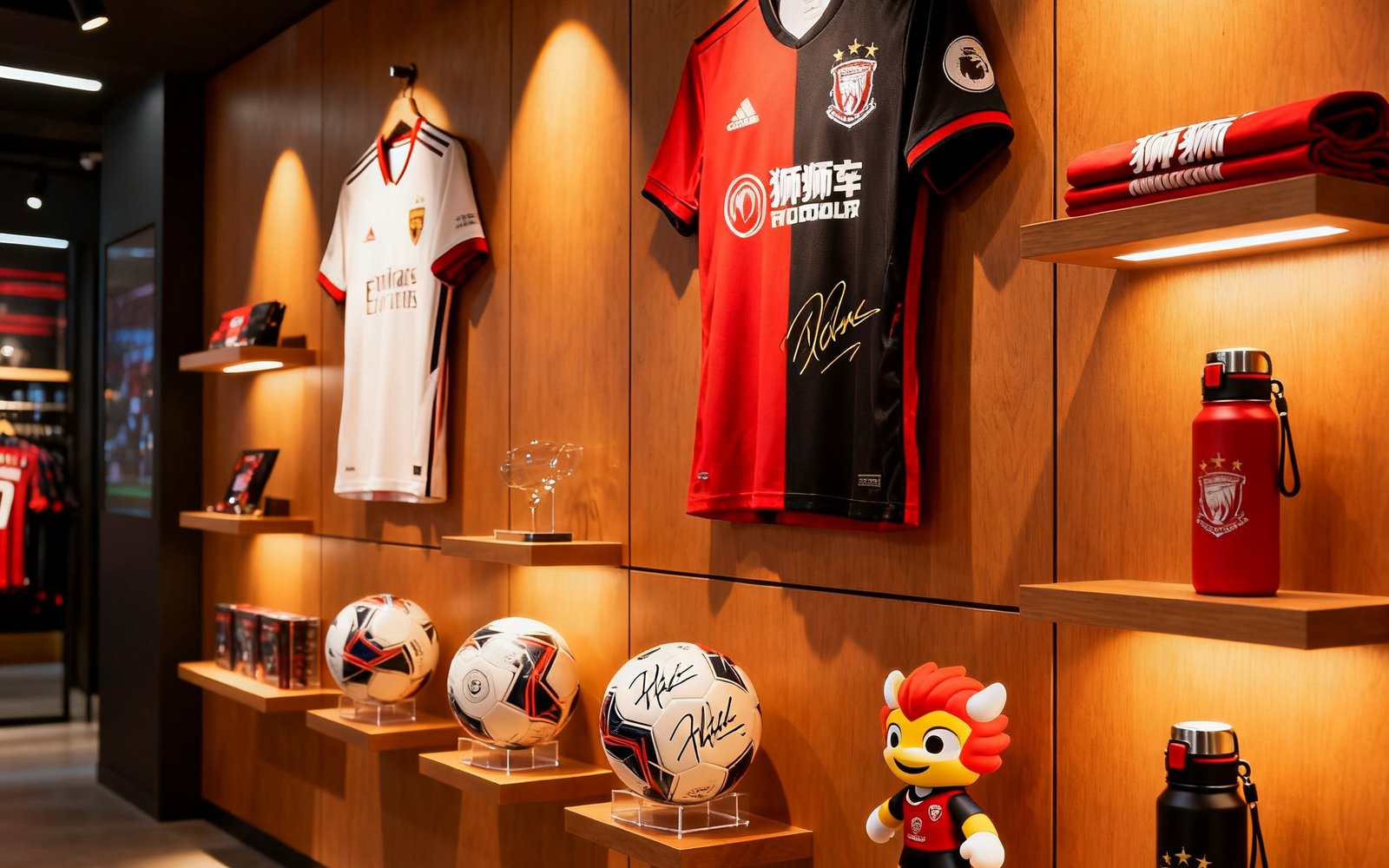 美狮贵宾会周边产品旗舰店展示墙，陈列着限量版球衣、签名纪念足球、赛事吉祥物公仔及联名运动水壶，暖色射灯突出产品质感