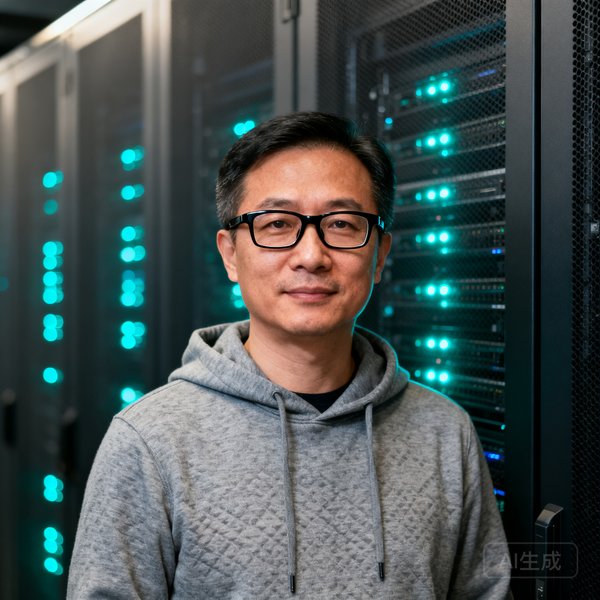 美狮贵宾会CTO李志豪，47岁，戴着黑框眼镜，身穿灰色连帽衫，站在数据中心机柜前，身后是闪烁的服务器指示灯