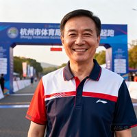 杭州市体育局群体处处长王建民，穿着运动POLO衫，面带微笑，背景是市民运动会起跑拱门